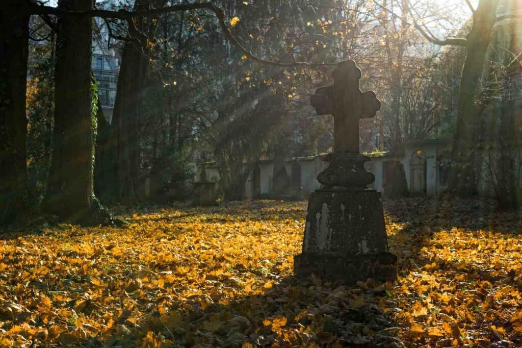 ŚWIĘTO ZMARŁYCH, KRZYŻ Z KAMIENIA, A WOKÓŁ NIEGO DUŻO ŻÓŁTYCH LIŚCI, PRZEZ ZACHMURZONE NIEBO PRZEDOSTAJĄ SIĘ PROMIENIE SŁOŃCA