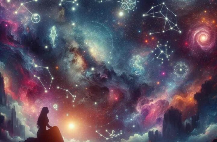 Rozumienie i rozwijanie szóstego zmysłu, kobieta siedząca na skale w nocy spogląda na rozgwieżdżone niebo, które pokazuje ciekawe konstelacje gwiazd
