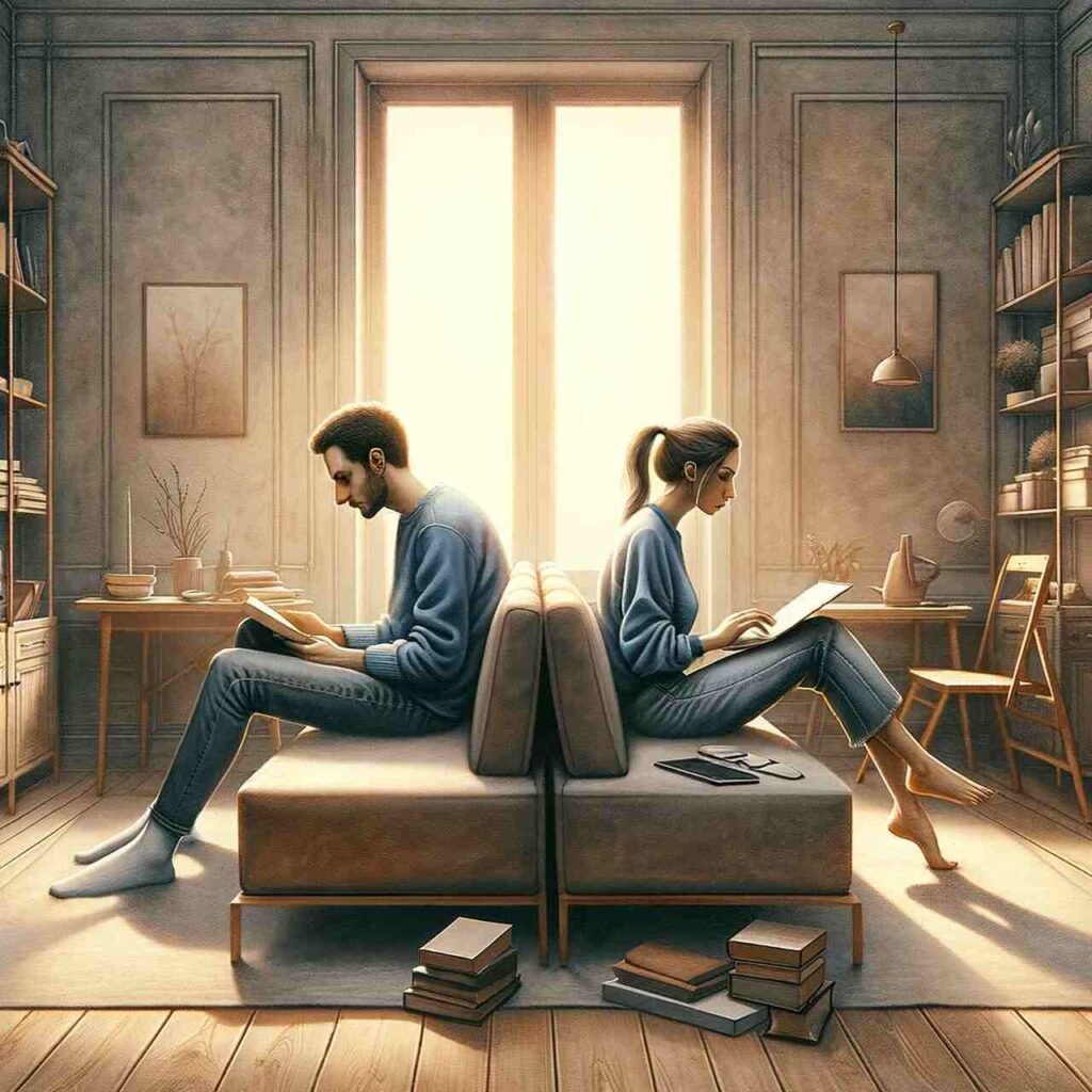 Samotność w związku, kobieta i mężczyzna siedzący w jednym pomieszczeniu, odwróceni do siebie plecami. Są zajęci sobą, nie zwracają na siebie uwagi.