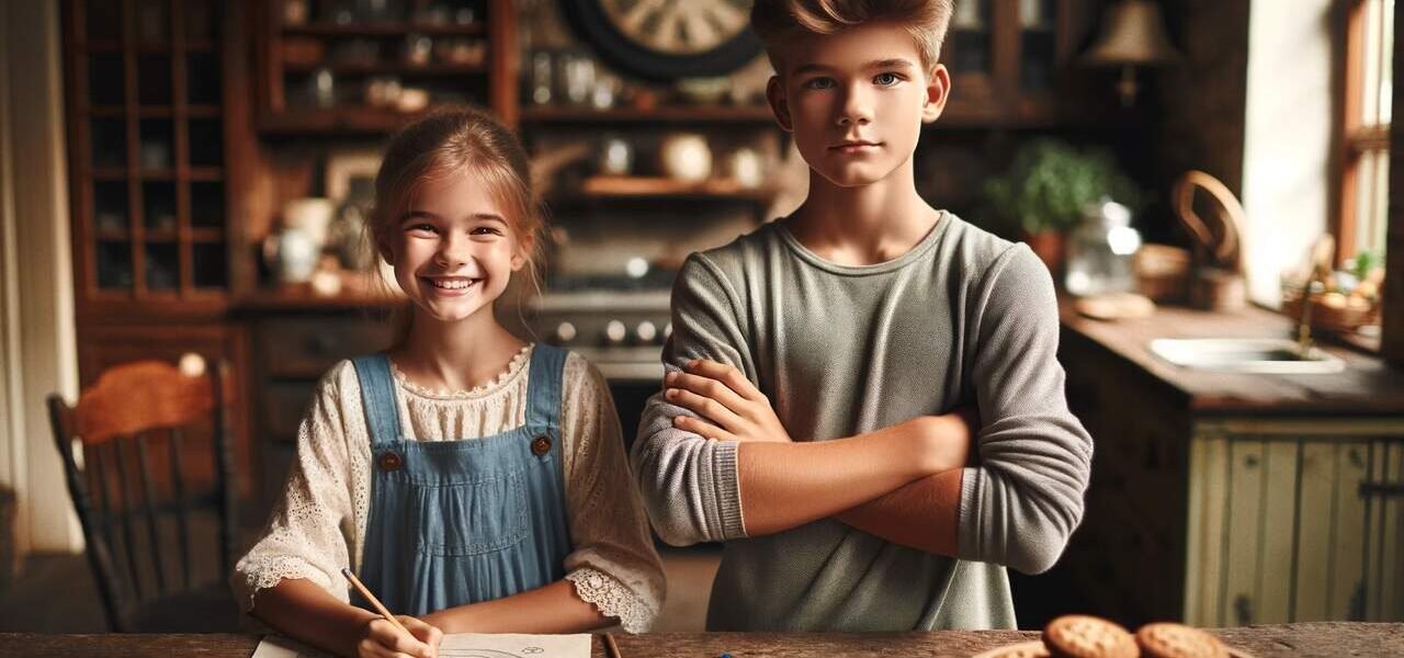 Rywalizacja między rodzeństwem, uśmiechnięta dziewczynka rysująca przy stole i obok jej brat, powściągliwy z założonymi rękoma