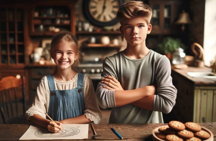 Rywalizacja między rodzeństwem, uśmiechnięta dziewczynka rysująca przy stole i obok jej brat, powściągliwy z założonymi rękoma