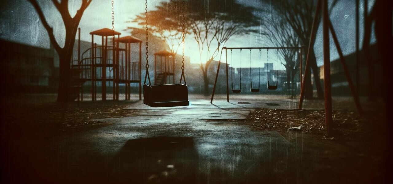 Doświadczenia z dzieciństwa, opuszczony plac zabaw o zachodzie słońca