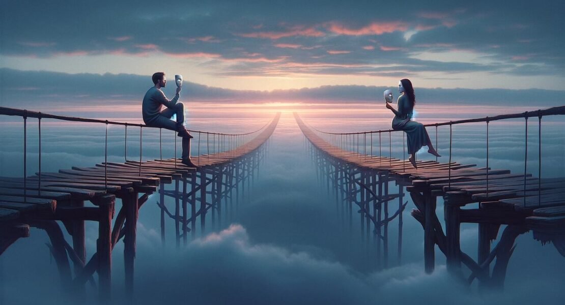 Udawanie w związkach, siedzący kobieta z mężczyzną na dwóch równoległych mostach, ale nie stykających się. Oboje na siebie patrzą przez wyciągnięte przed twarzą maski