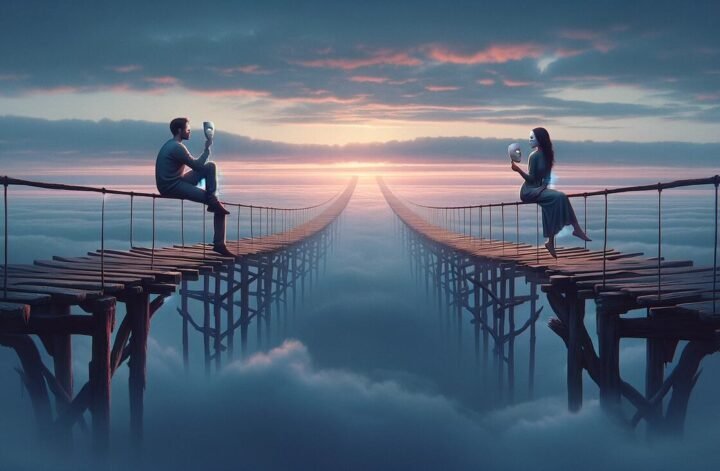 Udawanie w związkach, siedzący kobieta z mężczyzną na dwóch równoległych mostach, ale nie stykających się. Oboje na siebie patrzą przez wyciągnięte przed twarzą maski