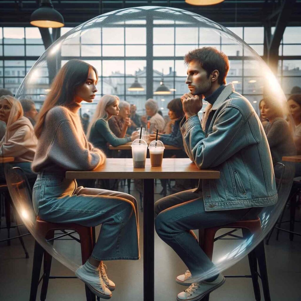 Udawanie w związkach, siedzący naprzeciwko siebie kobieta z mężczyzną spoglądają na siebie. Są w kawiarni, przy jednym stoliku, ale otacza ich przezroczysta bańka