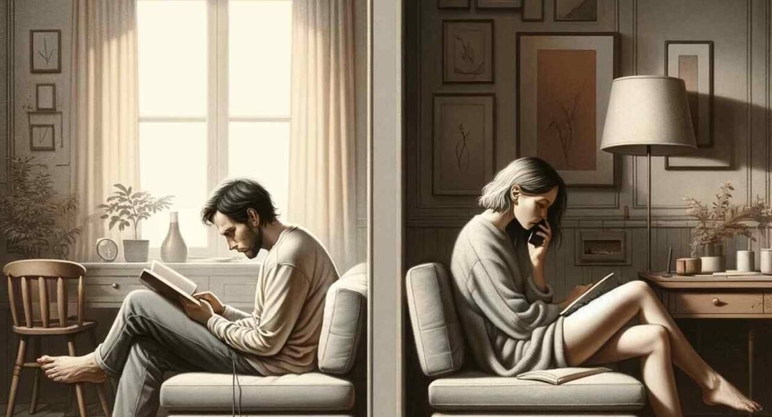 Samotność w związku, kobieta i mężczyzna siedzący w jednym pomieszczeniu oddzielonym od siebie ścianą. Są zajęci sobą, nie zwracają na siebie uwagi.