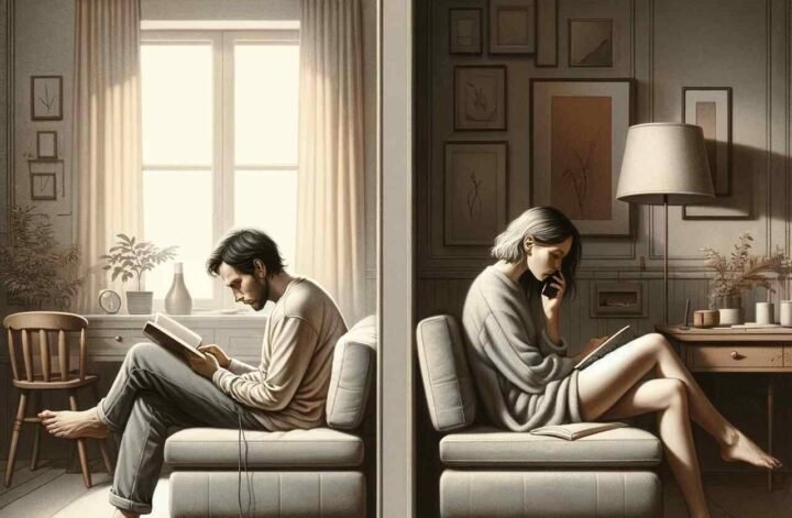 Samotność w związku, kobieta i mężczyzna siedzący w jednym pomieszczeniu oddzielonym od siebie ścianą. Są zajęci sobą, nie zwracają na siebie uwagi.
