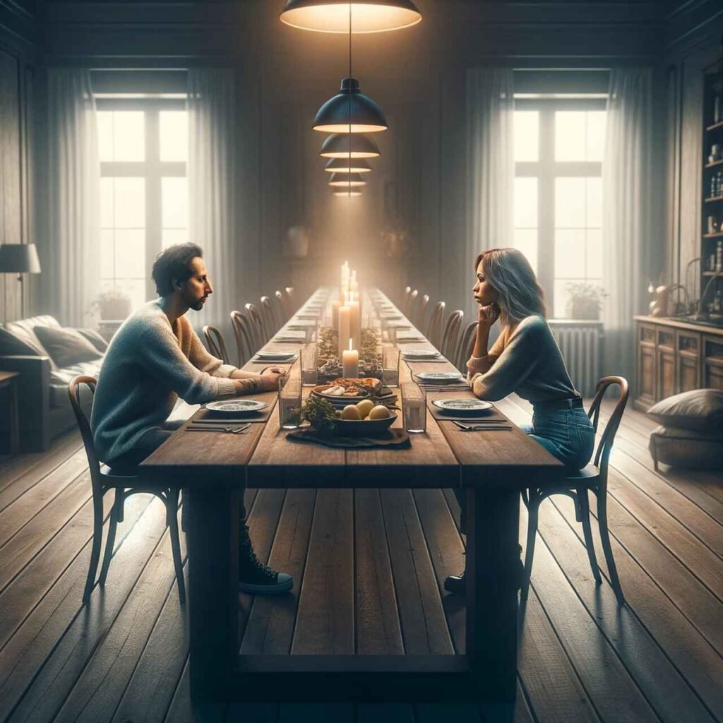 Samotność w związku, kobieta i mężczyzna siedzą przy jednym stole. Nie rozmawiają, spoglądają na siebie. 