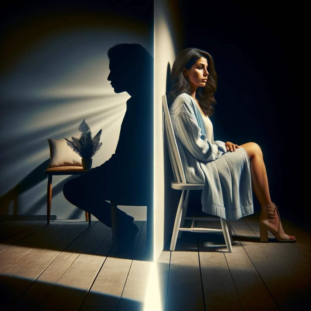 Samotność w związku, samotna kobieta kucająca przy ścianie w pustym ciemnym pokoju.