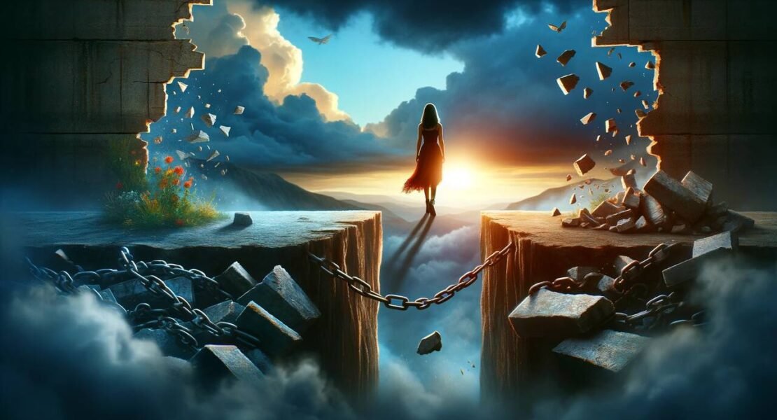 Jak przełamać własne ograniczenia, kobieta stąpająca po chmurach, wychodzi z wielkiego kanionu i idzie w stronę słońca