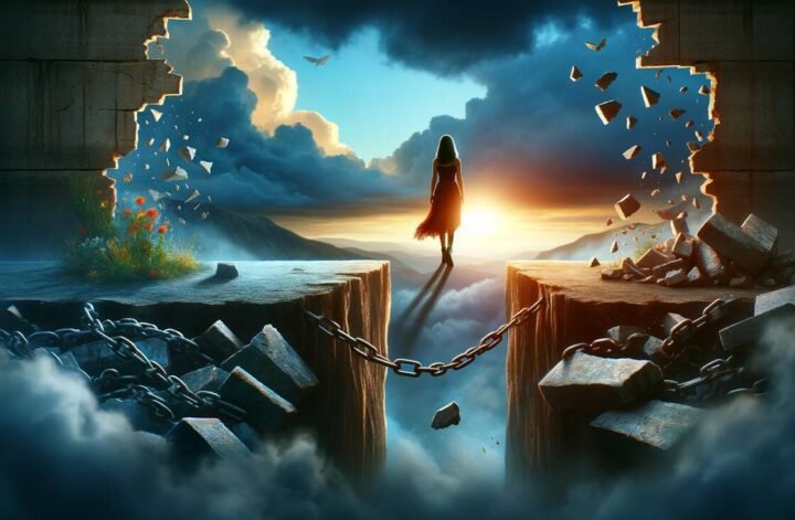 Jak przełamać własne ograniczenia, kobieta stąpająca po chmurach, wychodzi z wielkiego kanionu i idzie w stronę słońca