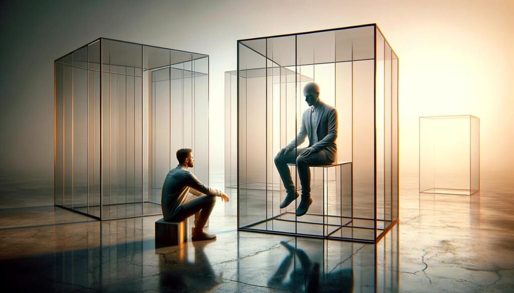 Jak przełamać własne ograniczenia, mężczyzna siedzący w pomieszczeniu przygląda się posągowi człowieka